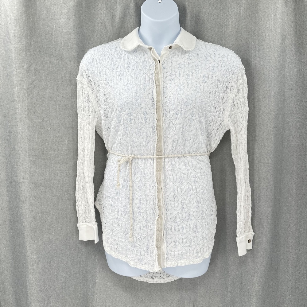 Free People Lace Shirt Womens Medium White Sheer Button Up‎ Collar Boho Top